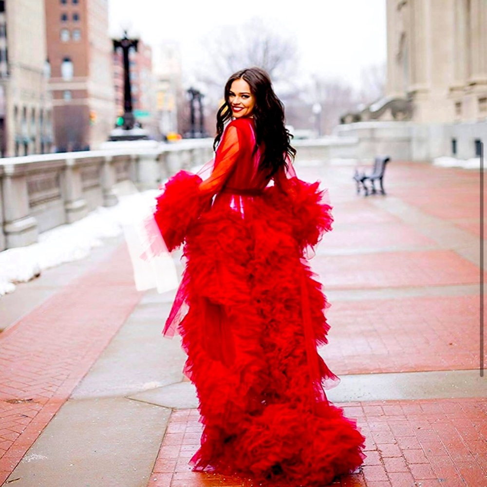 Sexy sheer tulle robe,puffy long sleeves transparent